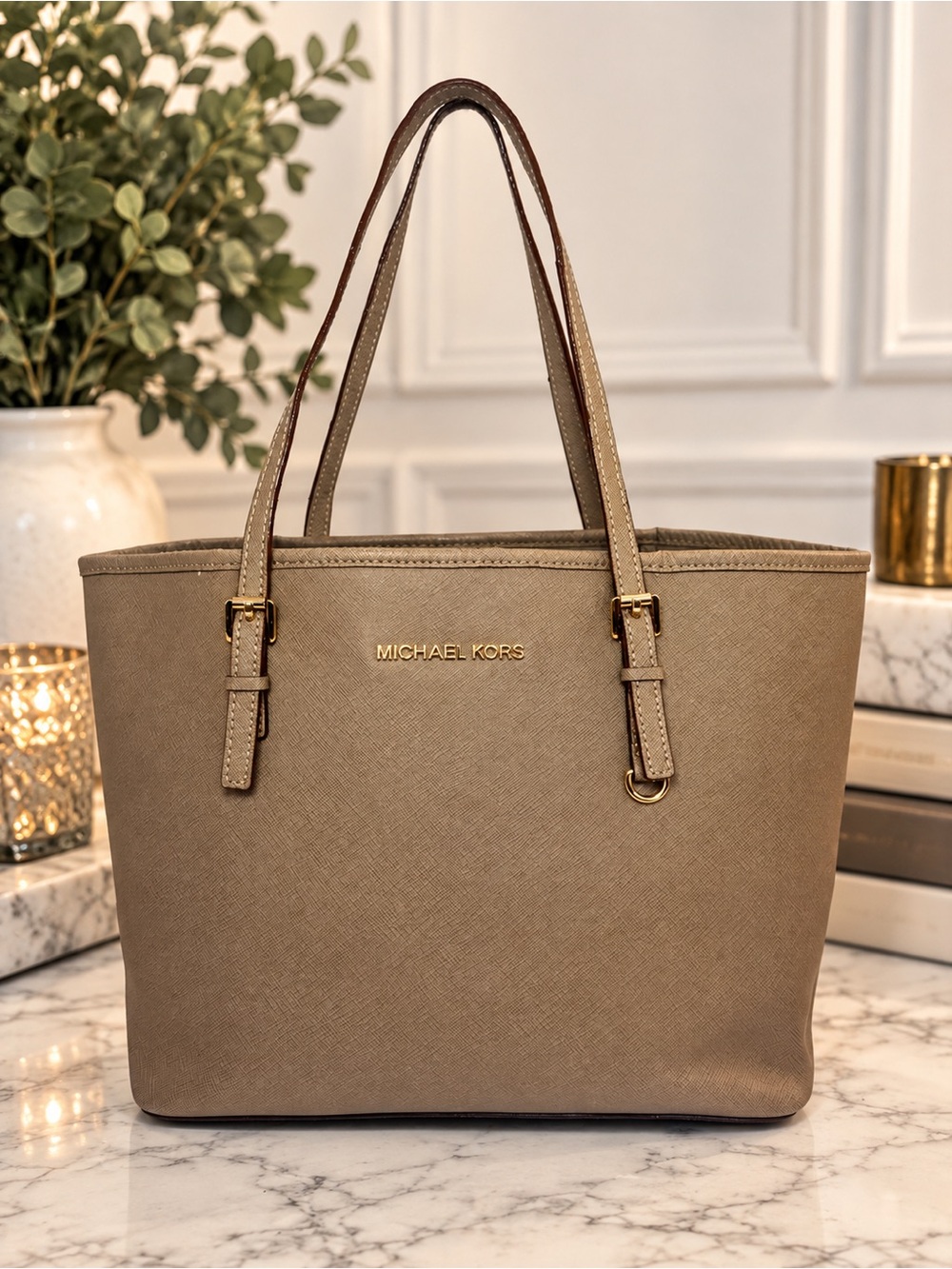 Michael Kors Saffiano Leather Tote – Taupe / Greige